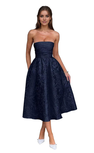 A-Line Strapless Tea-Length Jacquard Prom Dresses