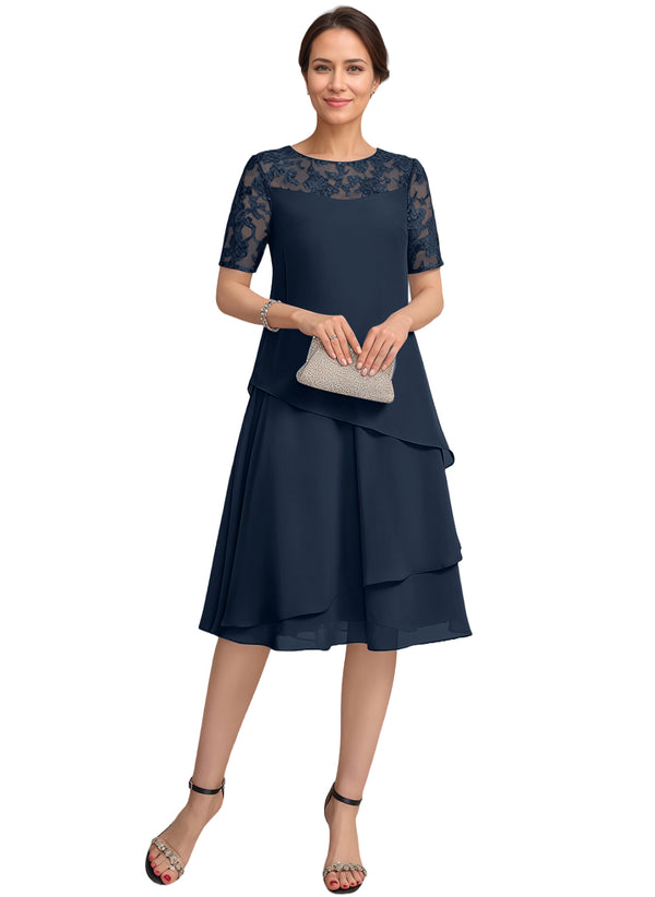 A-line Scoop Illusion Knee-Length Lace Chiffon Mother of the Bride Dress With Sequins