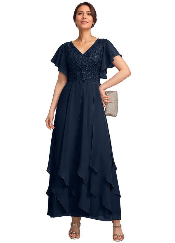 A-line V-Neck Ankle-Length Lace Chiffon Mother of the Bride Dress With Cascading Ruffles