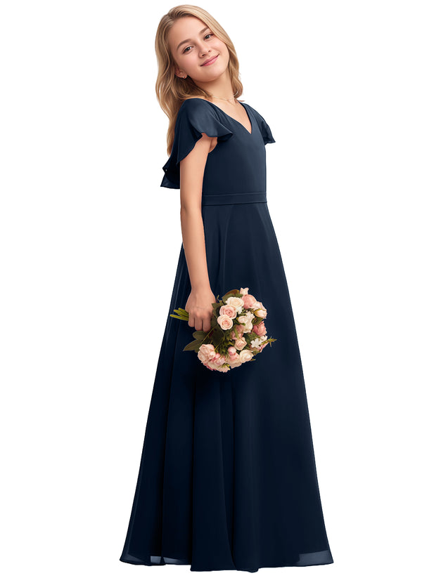 A-line V-Neck Floor-Length Chiffon Junior Bridesmaid Dress