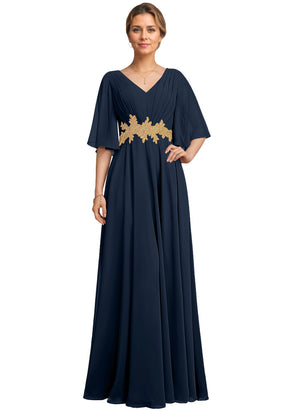 A-line V-Neck Floor-Length Chiffon Lace Mother of the Bride Dress With Sequins Beading