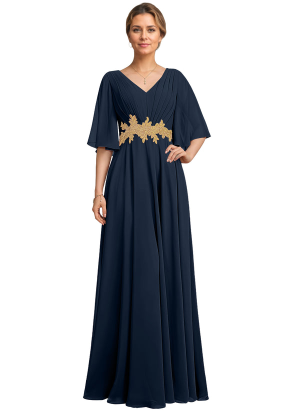 A-line V-Neck Floor-Length Chiffon Lace Mother of the Bride Dress With Sequins Beading