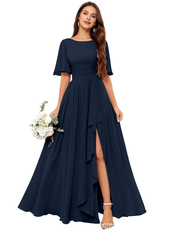 A-line Scoop Floor-Length Chiffon Bridesmaid Dress With Slit