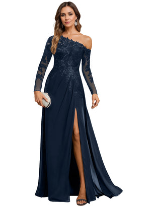 Trumpet/Mermaid Asymmetrical Illusion Floor-Length Lace Chiffon Evening Dress With Sequins