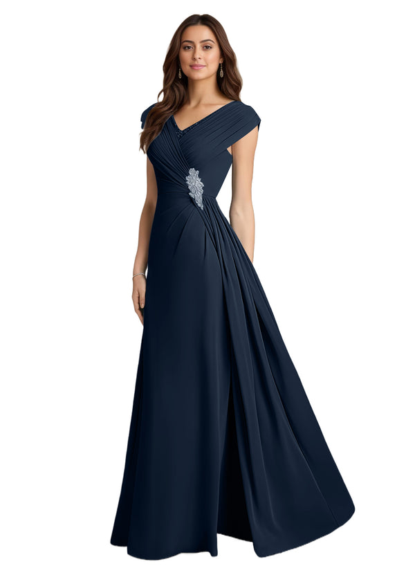 A-line V-Neck Floor-Length Chiffon Mother of the Bride Dress With Pleated Sequins