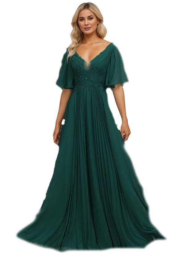 A-line V-Neck Floor-Length Chiffon Mother of the Bride Dress With Sequins Appliques Lace Pleated