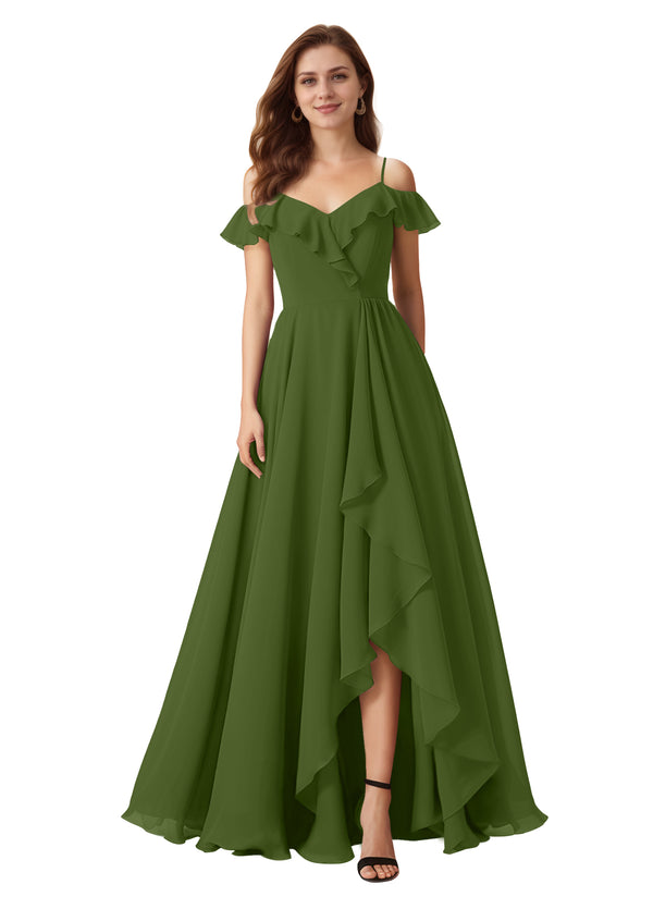 A-line Cold Shoulder Floor-Length Chiffon Bridesmaid Dress With Ruffle
