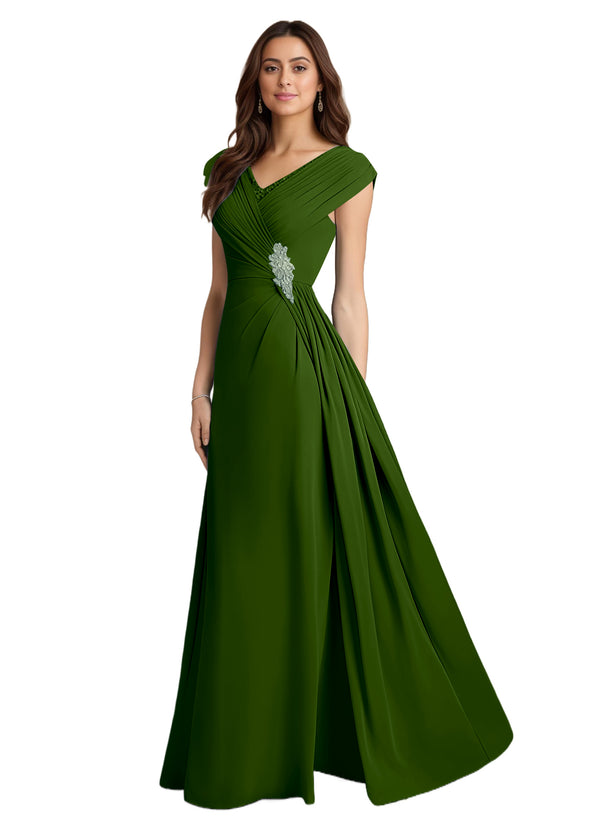 A-line V-Neck Floor-Length Chiffon Mother of the Bride Dress With Pleated Sequins
