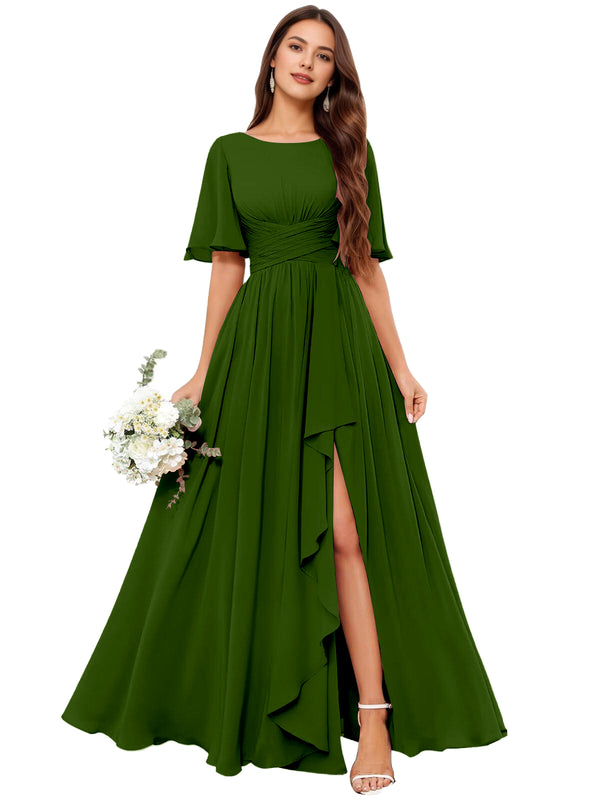 A-line Scoop Floor-Length Chiffon Bridesmaid Dress With Slit