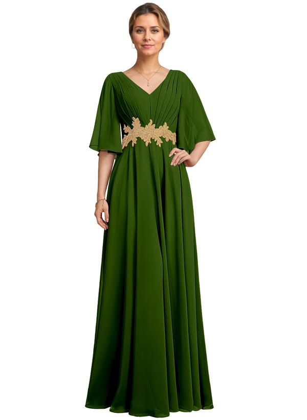 A-line V-Neck Floor-Length Chiffon Lace Mother of the Bride Dress With Sequins Beading
