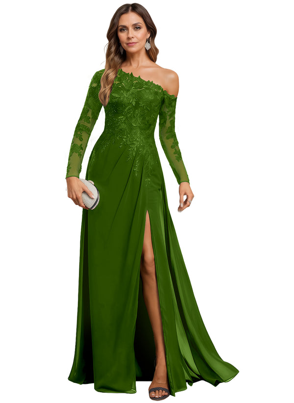 Trumpet/Mermaid Asymmetrical Illusion Floor-Length Lace Chiffon Evening Dress With Sequins