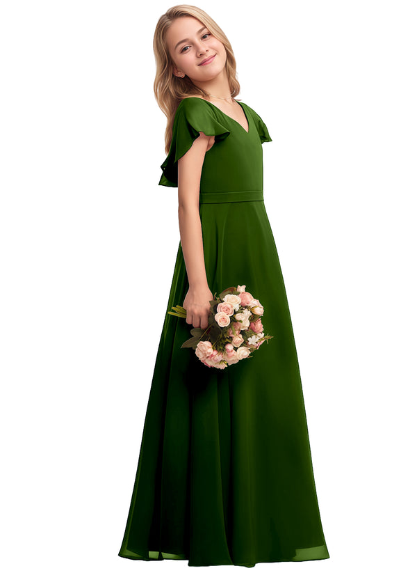 A-line V-Neck Floor-Length Chiffon Junior Bridesmaid Dress