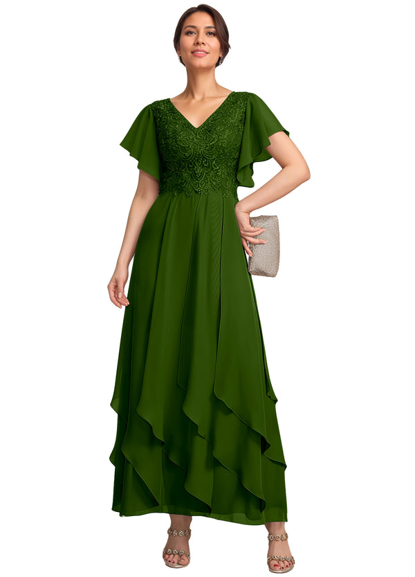 A-line V-Neck Ankle-Length Lace Chiffon Mother of the Bride Dress With Cascading Ruffles