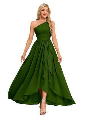 A-line One Shoulder Floor-Length Chiffon Bridesmaid Dress With Ruffle