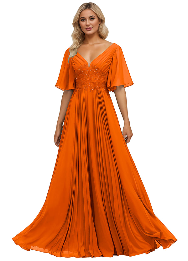 A-line V-Neck Floor-Length Chiffon Mother of the Bride Dress With Sequins Appliques Lace Pleated