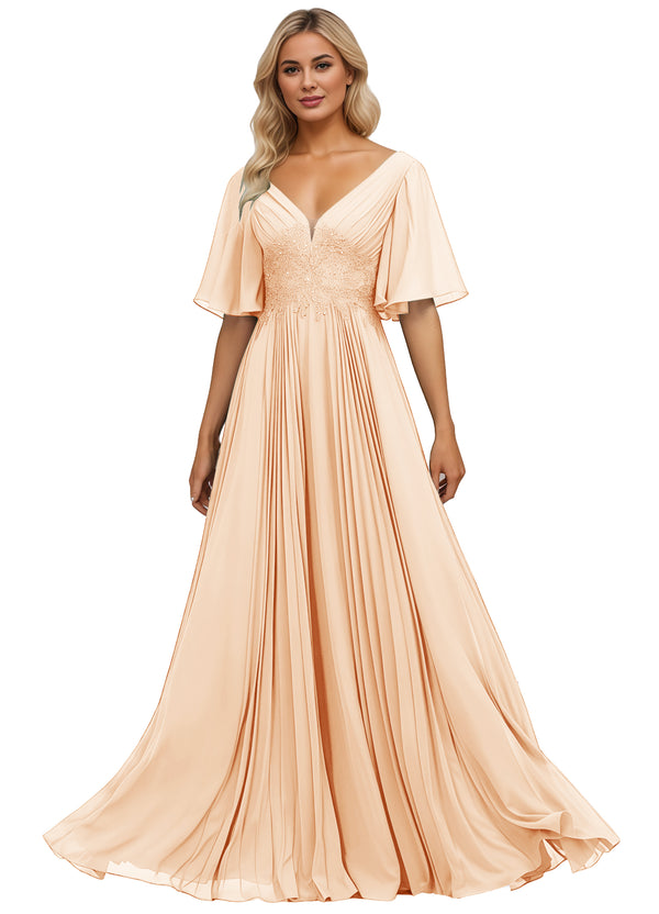 A-line V-Neck Floor-Length Chiffon Mother of the Bride Dress With Sequins Appliques Lace Pleated