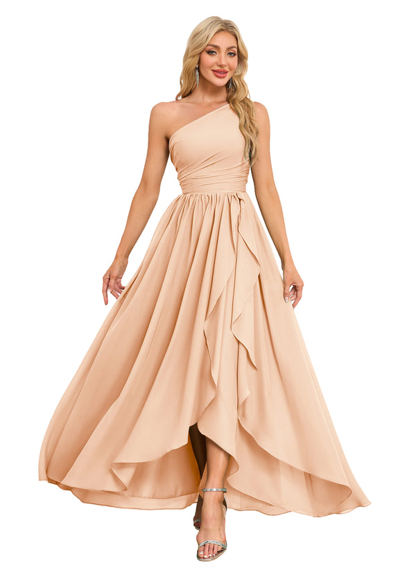 A-line One Shoulder Floor-Length Chiffon Bridesmaid Dress With Ruffle