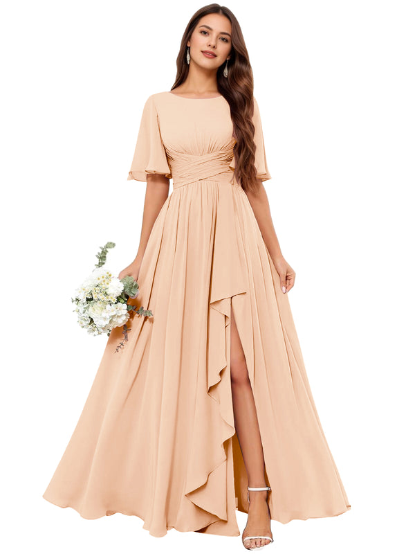 A-line Scoop Floor-Length Chiffon Bridesmaid Dress With Slit
