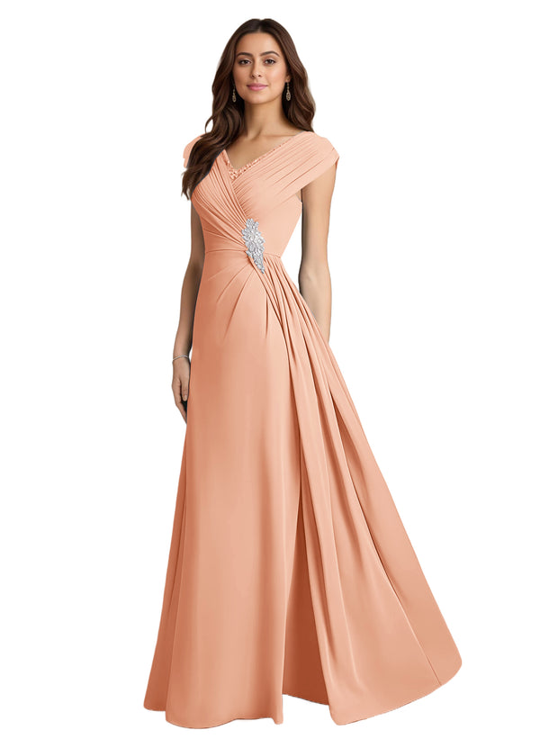 A-line V-Neck Floor-Length Chiffon Mother of the Bride Dress With Pleated Sequins
