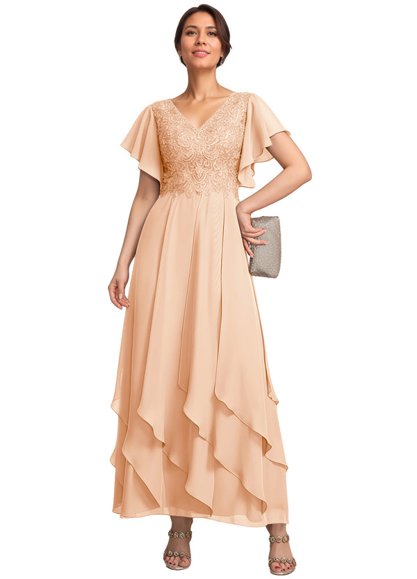 A-line V-Neck Ankle-Length Lace Chiffon Mother of the Bride Dress With Cascading Ruffles