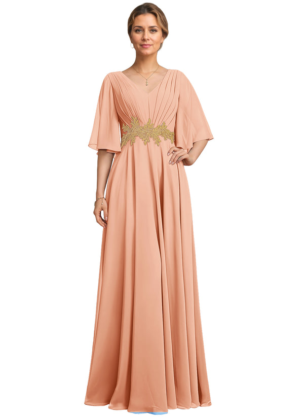 A-line V-Neck Floor-Length Chiffon Lace Mother of the Bride Dress With Sequins Beading