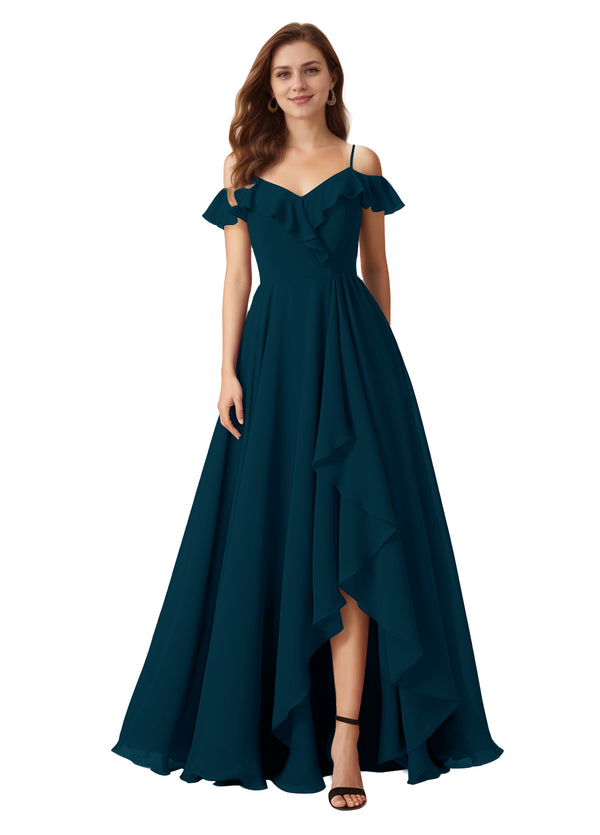 A-line Cold Shoulder Floor-Length Chiffon Bridesmaid Dress With Ruffle