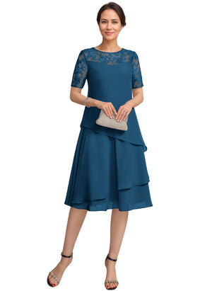 A-line Scoop Illusion Knee-Length Lace Chiffon Mother of the Bride Dress With Sequins