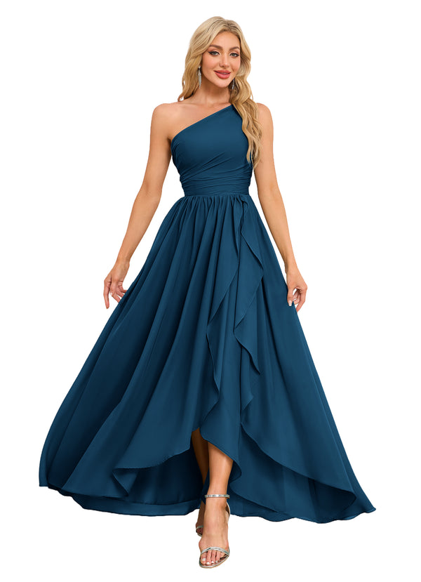 A-line One Shoulder Floor-Length Chiffon Bridesmaid Dress With Ruffle