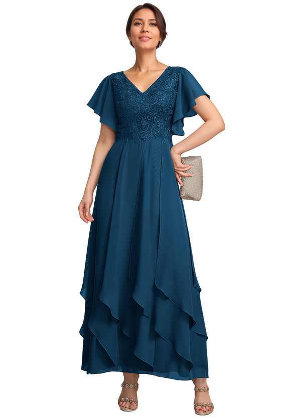A-line V-Neck Ankle-Length Lace Chiffon Mother of the Bride Dress With Cascading Ruffles