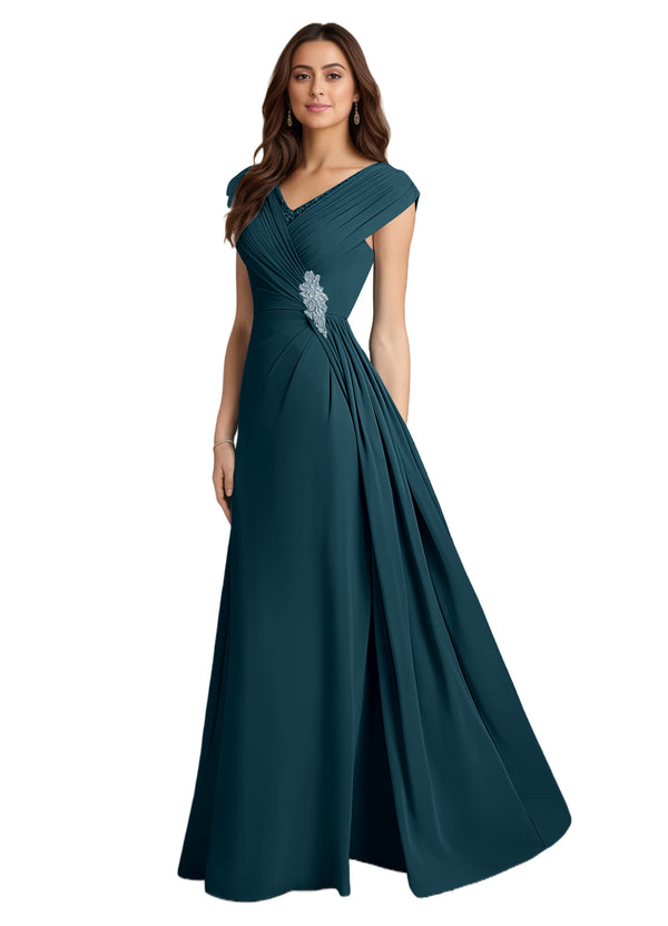 A-line V-Neck Floor-Length Chiffon Mother of the Bride Dress With Pleated Sequins