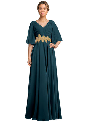 A-line V-Neck Floor-Length Chiffon Lace Mother of the Bride Dress With Sequins Beading