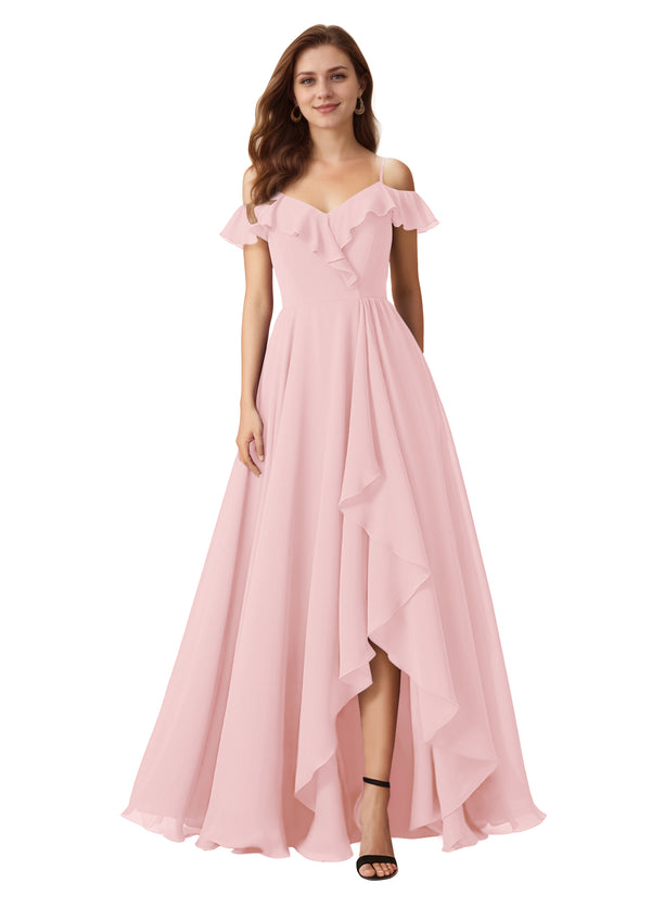 A-line Cold Shoulder Floor-Length Chiffon Bridesmaid Dress With Ruffle