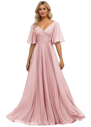 A-line V-Neck Floor-Length Chiffon Mother of the Bride Dress With Sequins Appliques Lace Pleated