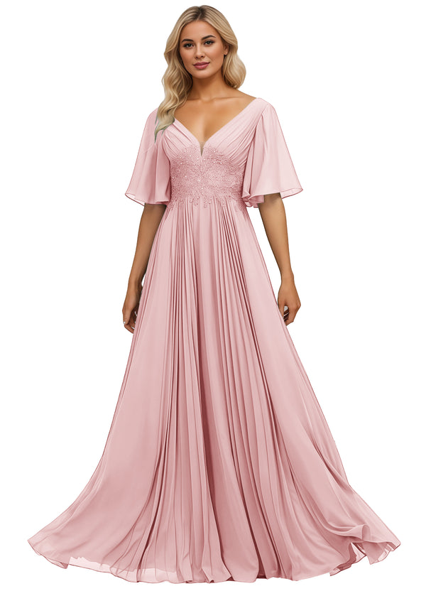 A-line V-Neck Floor-Length Chiffon Mother of the Bride Dress With Sequins Appliques Lace Pleated
