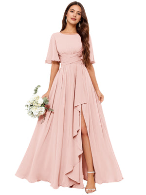 A-line Scoop Floor-Length Chiffon Bridesmaid Dress With Slit