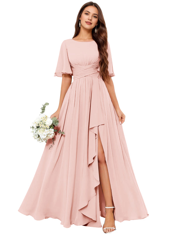 A-line Scoop Floor-Length Chiffon Bridesmaid Dress With Slit