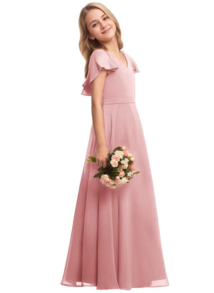 A-line V-Neck Floor-Length Chiffon Junior Bridesmaid Dress