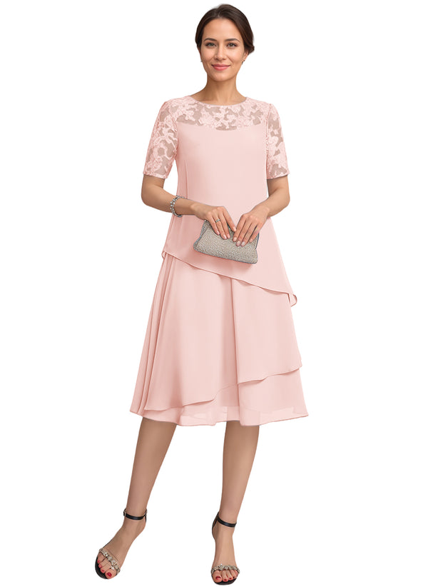 A-line Scoop Illusion Knee-Length Lace Chiffon Mother of the Bride Dress With Sequins