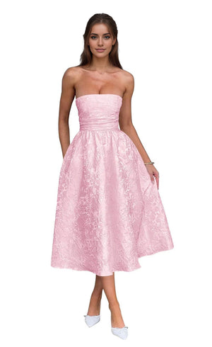 A-Line Strapless Tea-Length Jacquard Prom Dresses
