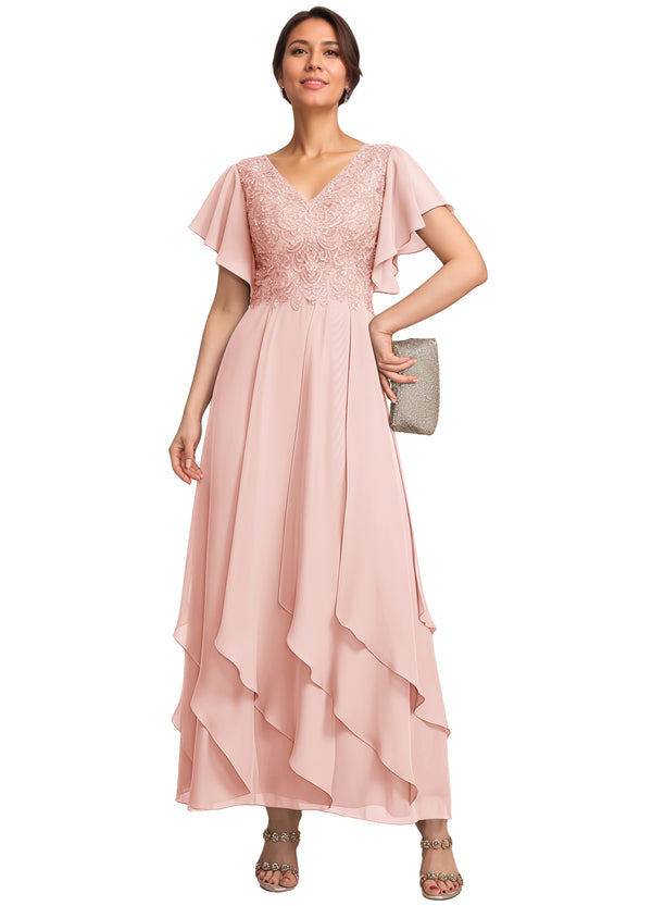 A-line V-Neck Ankle-Length Lace Chiffon Mother of the Bride Dress With Cascading Ruffles