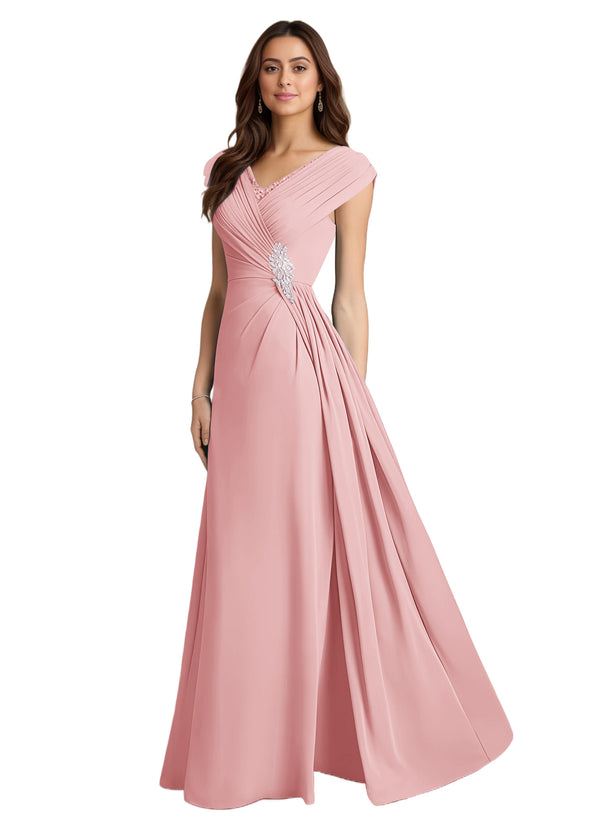 A-line V-Neck Floor-Length Chiffon Mother of the Bride Dress With Pleated Sequins