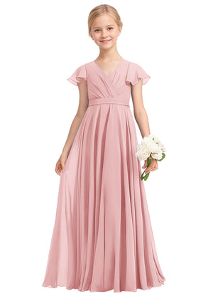 A-line V-Neck Floor-Length Chiffon Junior Bridesmaid Dress