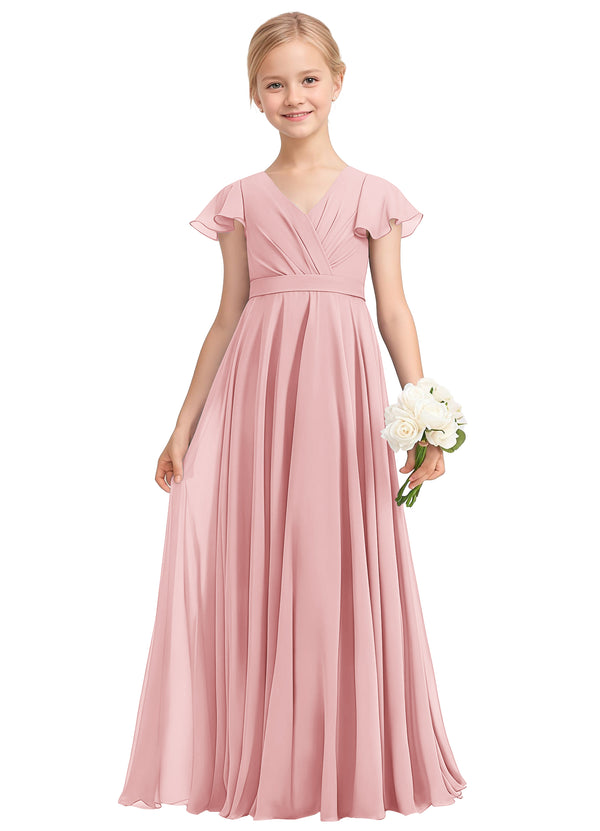 A-line V-Neck Floor-Length Chiffon Junior Bridesmaid Dress