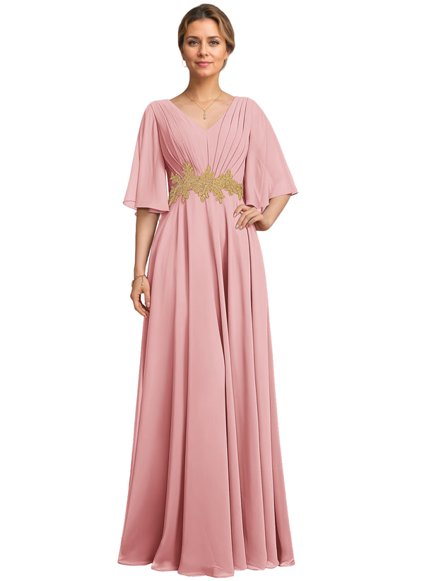 A-line V-Neck Floor-Length Chiffon Lace Mother of the Bride Dress With Sequins Beading