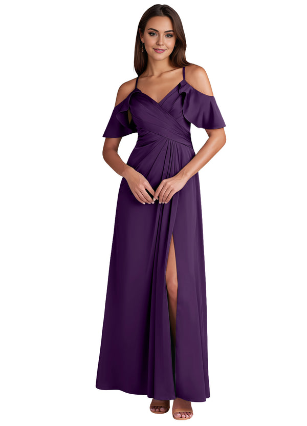 A-line Cold Shoulder Floor-Length Satin Bridesmaid Dress With Ruffle