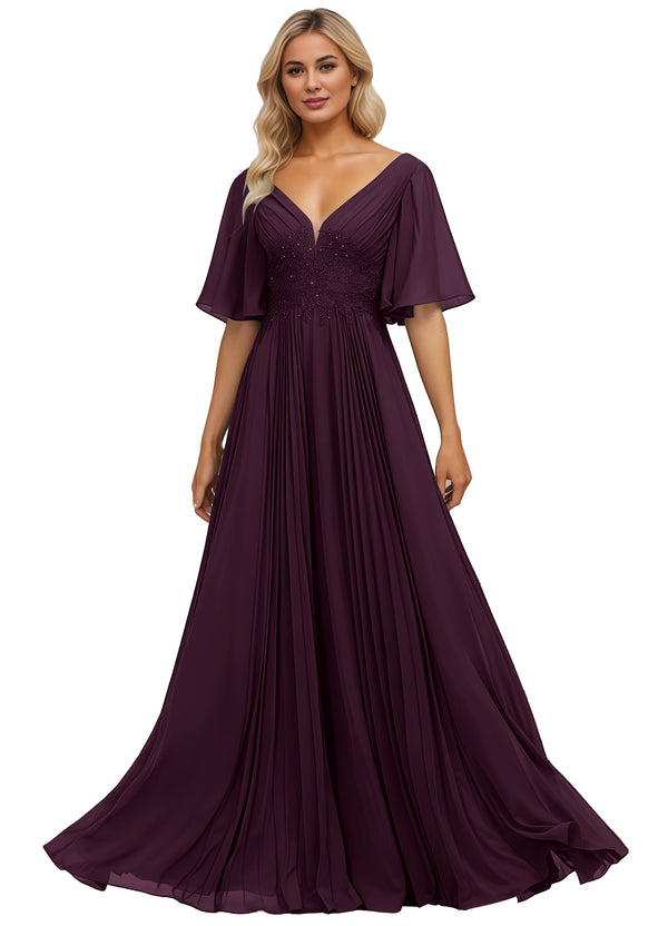 A-line V-Neck Floor-Length Chiffon Mother of the Bride Dress With Sequins Appliques Lace Pleated
