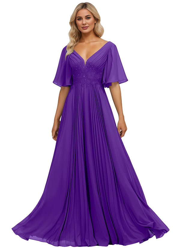 A-line V-Neck Floor-Length Chiffon Mother of the Bride Dress With Sequins Appliques Lace Pleated