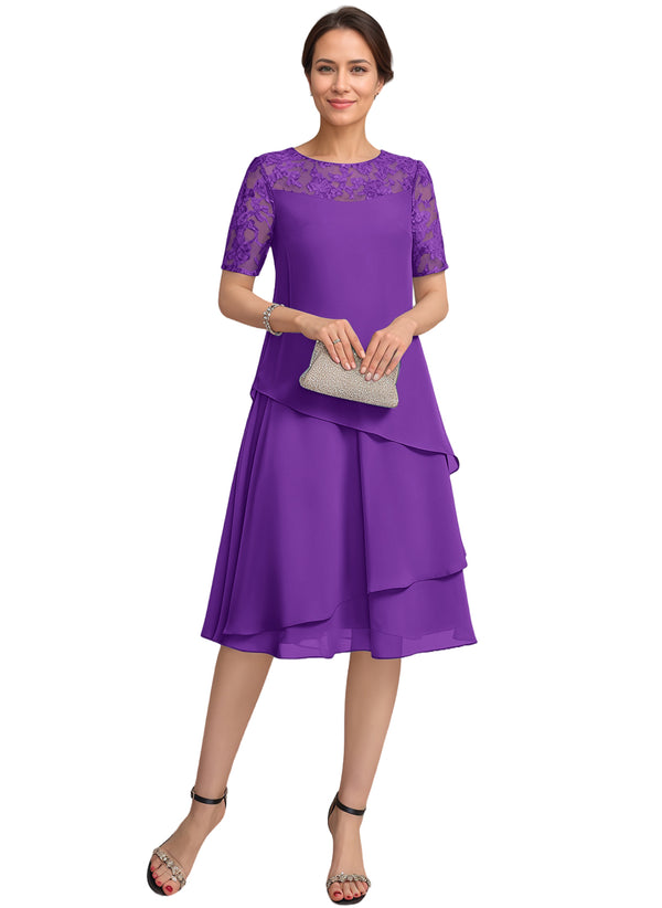 A-line Scoop Illusion Knee-Length Lace Chiffon Mother of the Bride Dress With Sequins