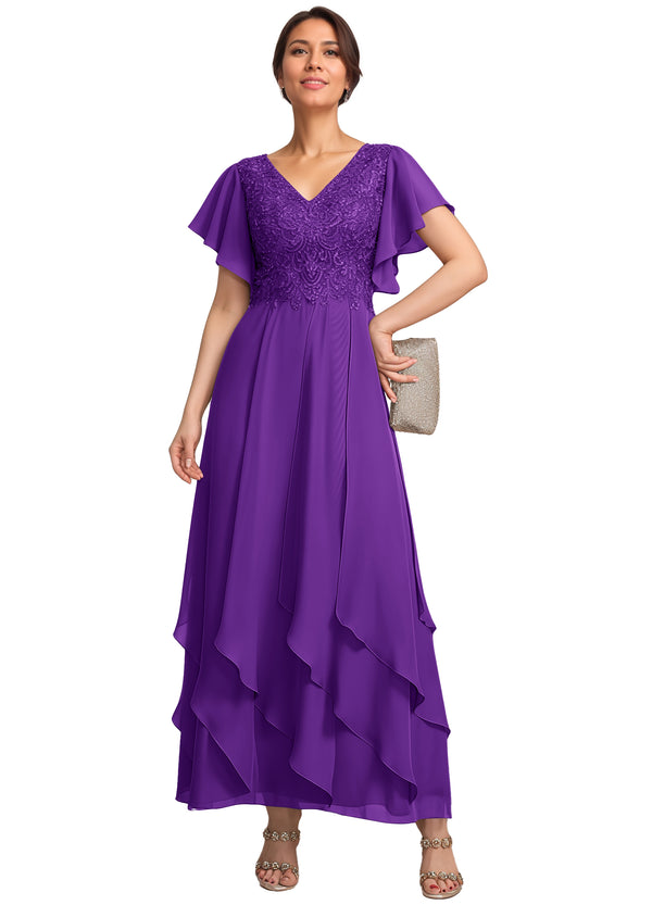 A-line V-Neck Ankle-Length Lace Chiffon Mother of the Bride Dress With Cascading Ruffles