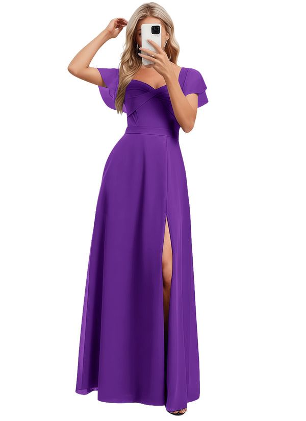 A-line V-Neck Floor-Length Chiffon Bridesmaid Dress With Ruffle